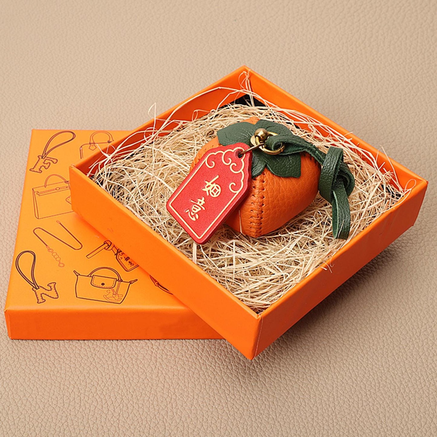 Bag Charm Persimmon Genuine Leather Orange Fruit Pendant Goatskin Handmade Keychain Purse Charms Handbags Birthday Gift For Her