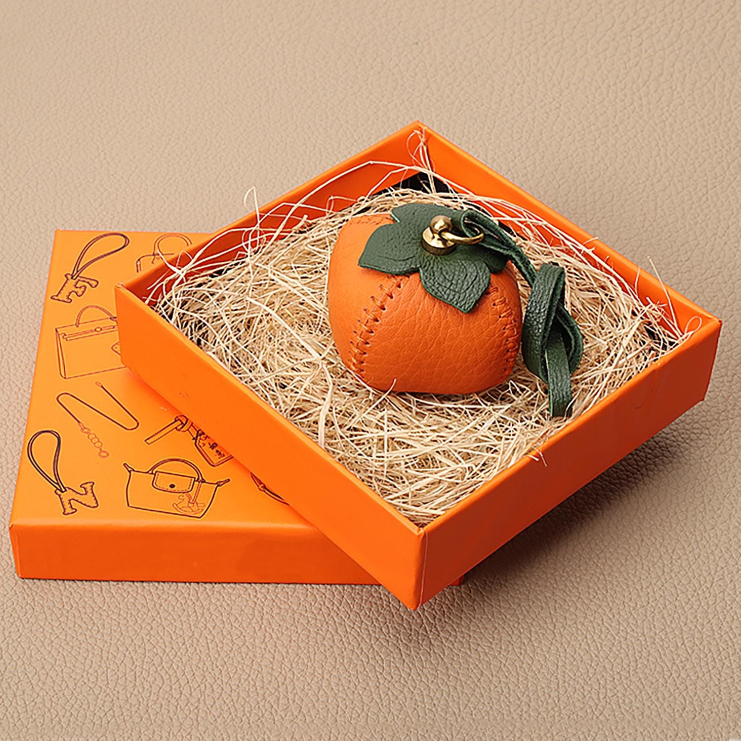 Bag Charm Persimmon Genuine Leather Orange Fruit Pendant Goatskin Handmade Keychain Purse Charms Handbags Birthday Gift For Her
