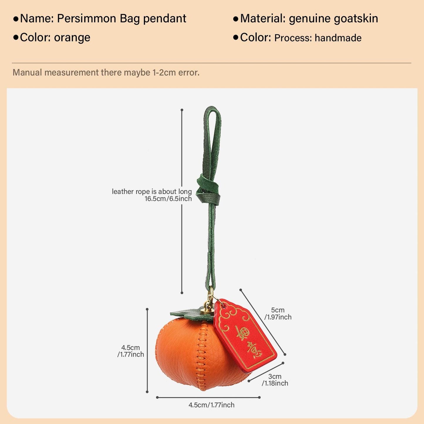 Bag Charm Persimmon Genuine Leather Orange Fruit Pendant Goatskin Handmade Keychain Purse Charms Handbags Birthday Gift For Her