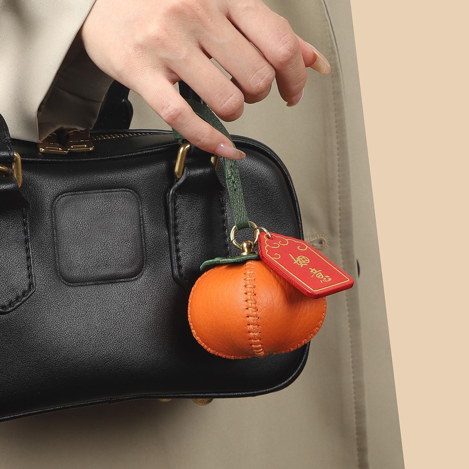 Bag Charm Persimmon Genuine Leather Orange Fruit Pendant Goatskin Handmade Keychain Purse Charms Handbags Birthday Gift For Her