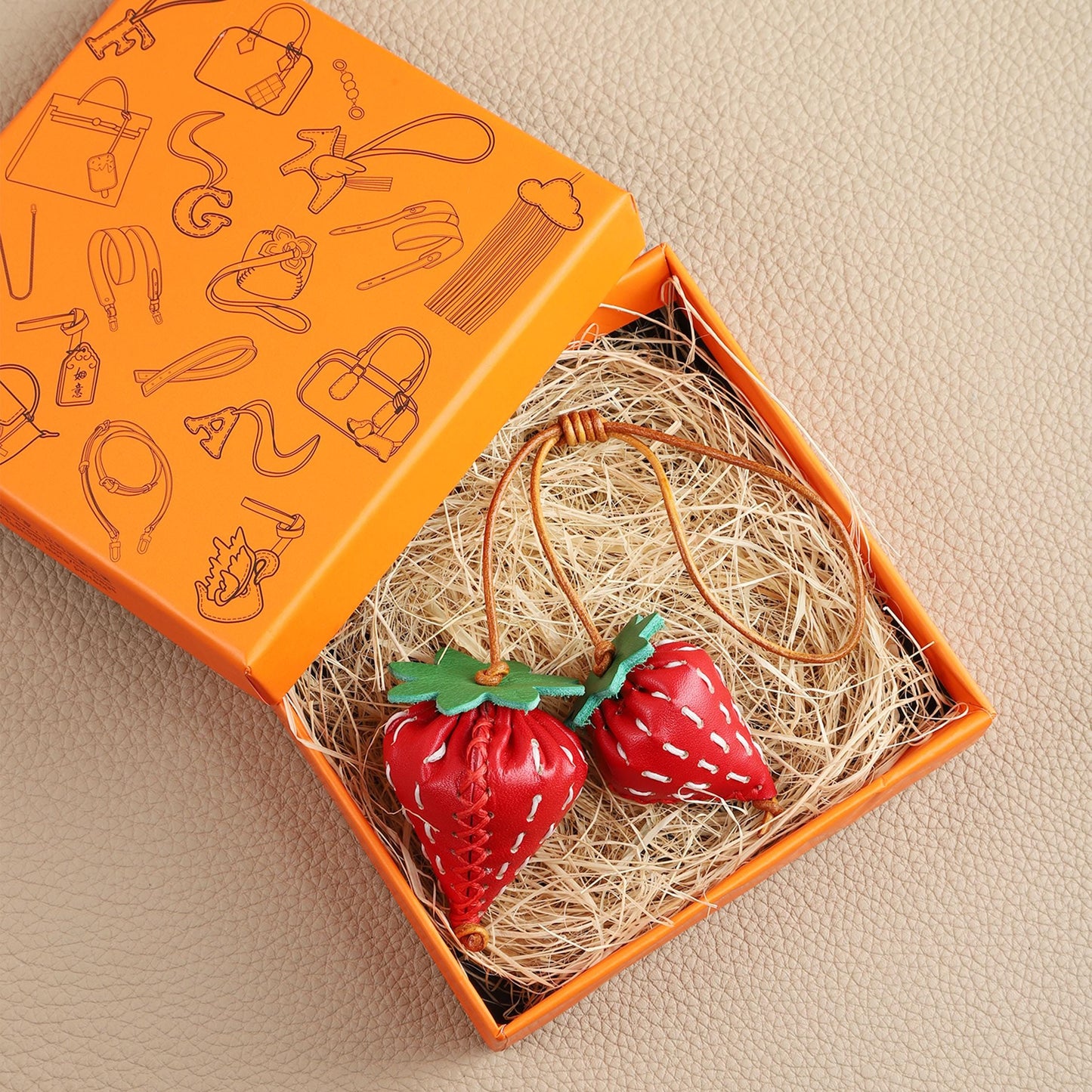 Bag Charm Strawberry Genuine Leather Handmade Keychain Purse Charms 3D Red Fruit Handbag Car Hanging Birthday Gift For Her