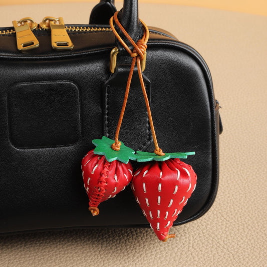 Bag Charm Strawberry Genuine Leather Handmade Keychain Purse Charms 3D Red Fruit Handbag Car Hanging Birthday Gift For Her