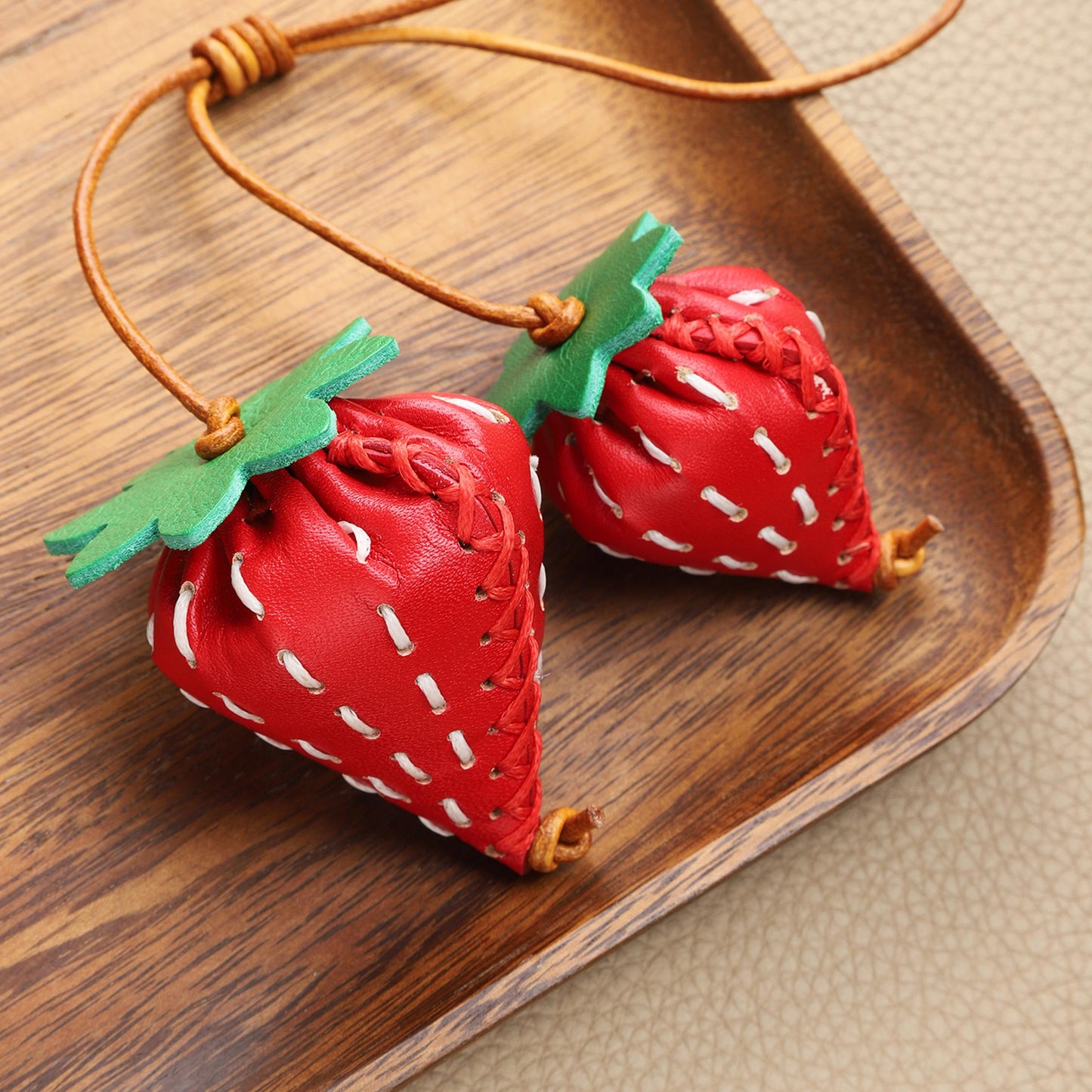 Bag Charm Strawberry Genuine Leather Handmade Keychain Purse Charms 3D Red Fruit Handbag Car Hanging Birthday Gift For Her