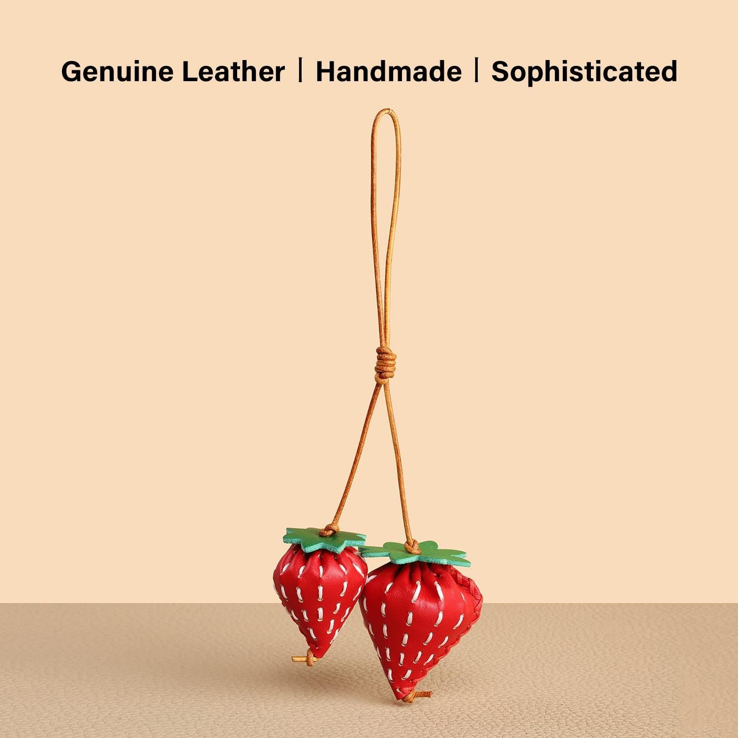 Bag Charm Strawberry Genuine Leather Handmade Keychain Purse Charms 3D Red Fruit Handbag Car Hanging Birthday Gift For Her
