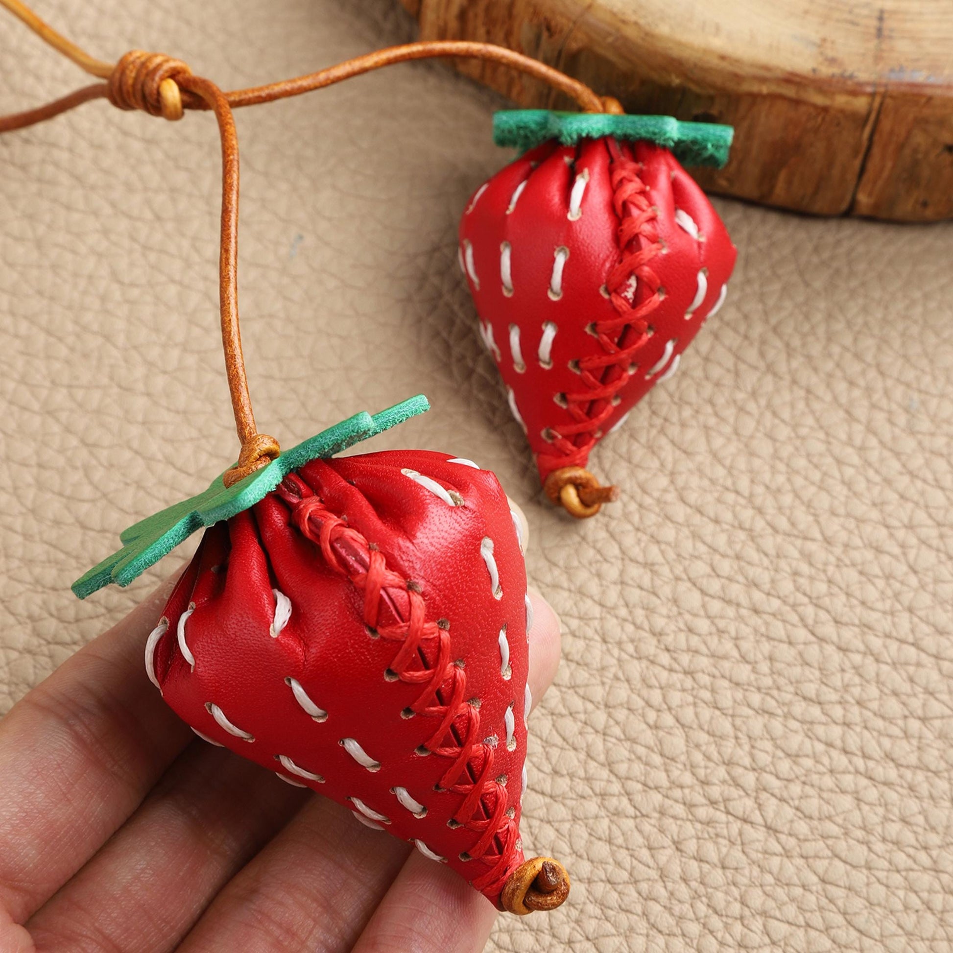 Bag Charm Strawberry Genuine Leather Handmade Keychain Purse Charms 3D Red Fruit Handbag Car Hanging Birthday Gift For Her