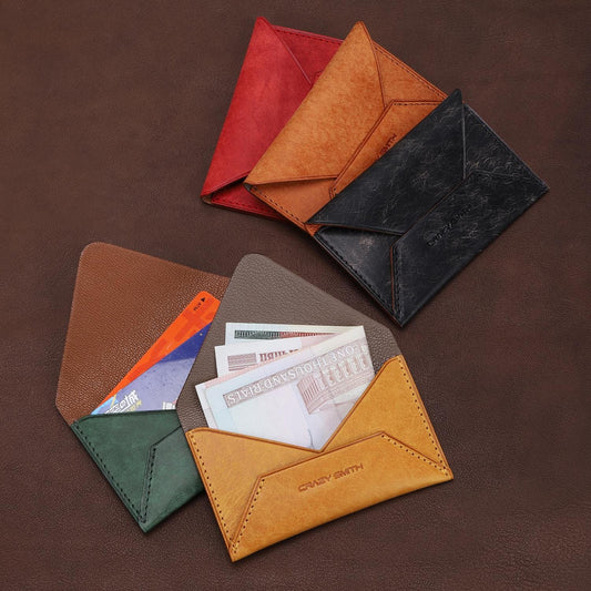 Leather Card Wallet Envelopes Cash Business Card Holder Money Handmade Full Grain Vegetable Tanned Italian Leather Gift for Men Women