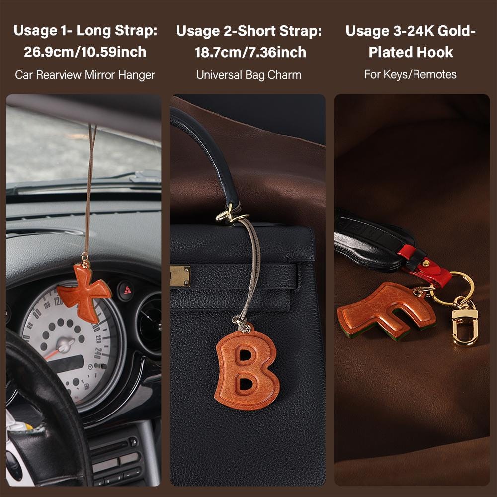 Genuine Leather Bag Charm Initial Keyring Alphabet Pendant Name Letter Keychain Car Hanging Accessories Handcrafted Gifts For Her/Him A-Z