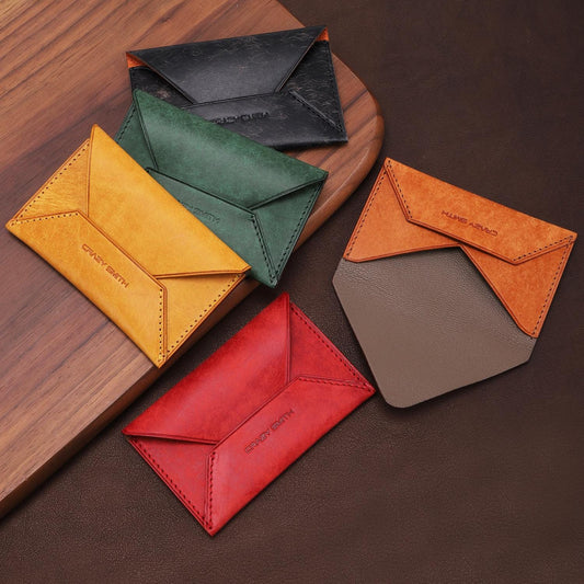 Leather Card Wallet Envelopes Cash Business Card Holder Money Handmade Full Grain Vegetable Tanned Italian Leather Gift for Men Women