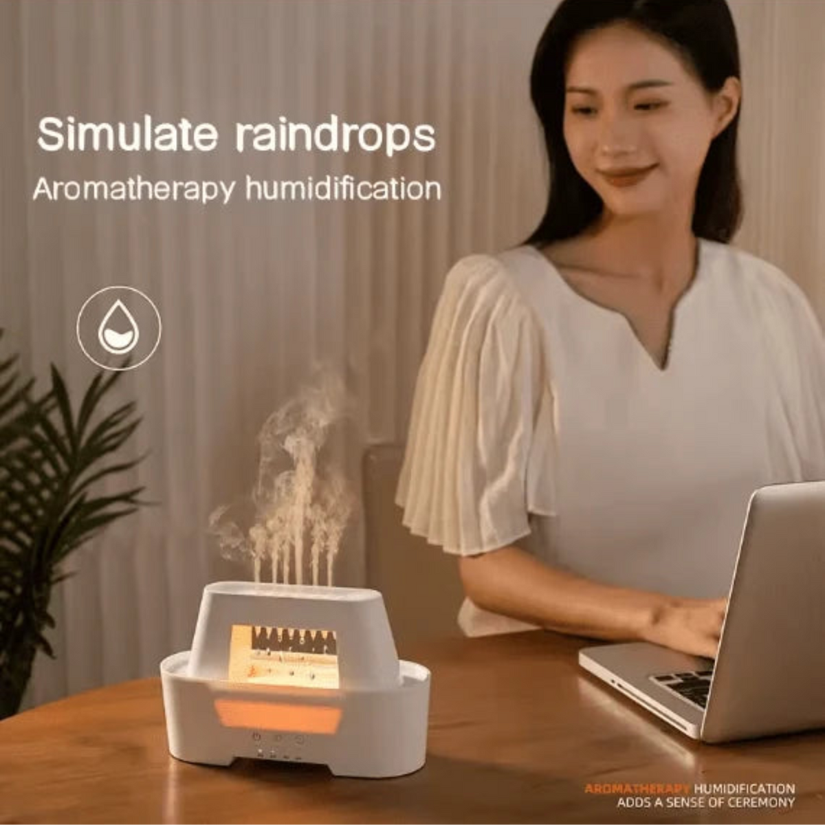 Raindrop Aroma Humidifier – مرطب هواء بتأثير المطر | LED Flame Light & Remote Control Diffuser