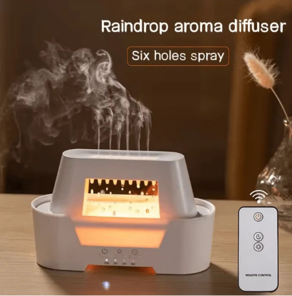 Raindrop Aroma Humidifier – مرطب هواء بتأثير المطر | LED Flame Light & Remote Control Diffuser