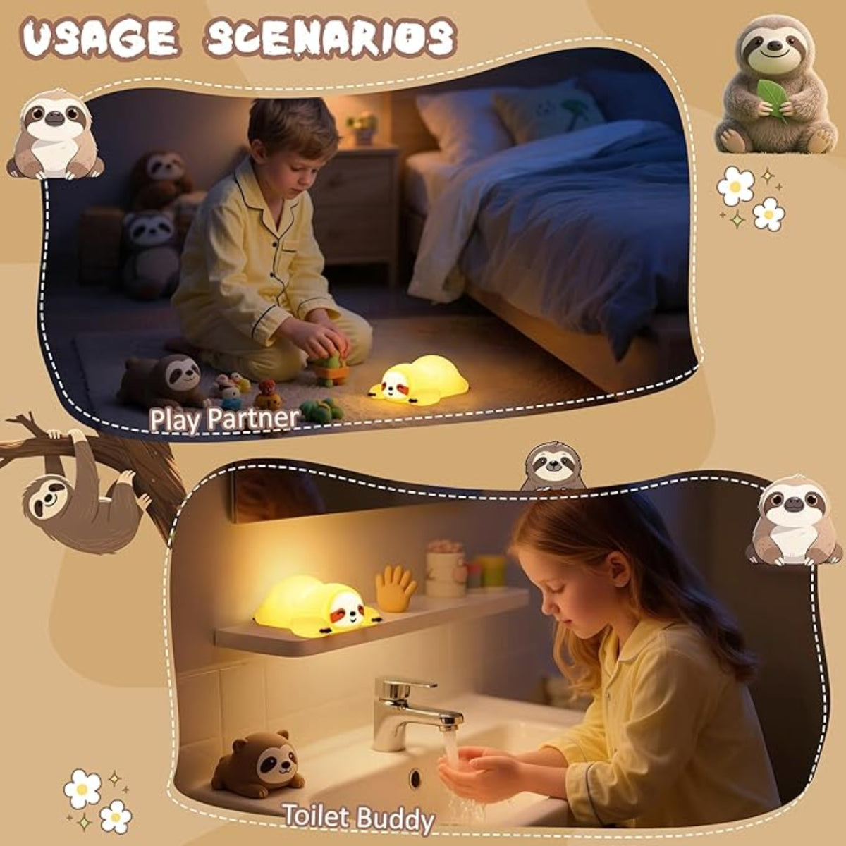 Sloth Night Light – مصباح ليلي كسلان للأطفال | Soft LED Bedside Lamp for Kids & Adults